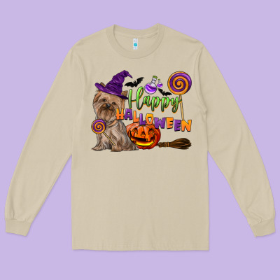Happy Halloween With Yorkshire Terrier Dog Long Sleeve Tee Designed By Lillyallendesigns