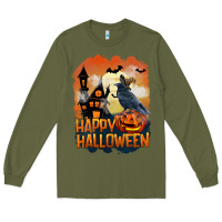 Army Green Happy Halloween With Crow Long Sleeve Tee - LillyAllenDesigns