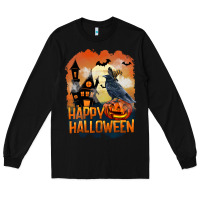 Black Happy Halloween With Crow Long Sleeve Tee - LillyAllenDesigns
