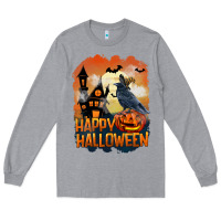 Heather Grey Happy Halloween With Crow Long Sleeve Tee - LillyAllenDesigns