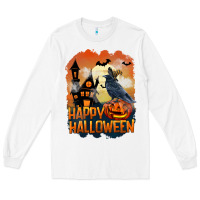 White Happy Halloween With Crow Long Sleeve Tee - LillyAllenDesigns