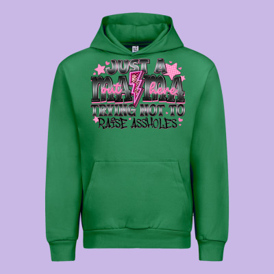 Just A Mama Out Here Trying Not To Raise Assholes Urban Hoodie Designed By Cowhidedigitalart