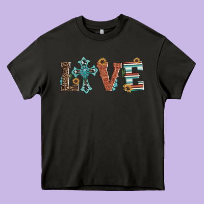 Western Love With Cross Heavy Core Tee Designed By Artiststas
