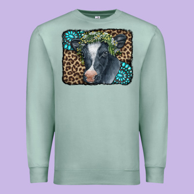 Floral Cow Leopard Gemstone Premium Sweatshirt Designed By Cowcowdesign