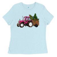 Baby Blue Pink Christmas Farm Tractor Ladies Tee - RanaPortraitStore