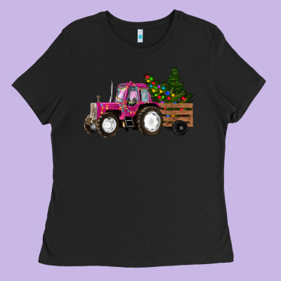 Pink Christmas Farm Tractor Ladies Tee Designed By Ranaportraitstore
