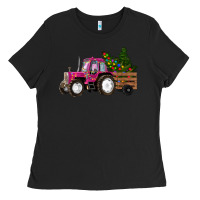 Black Pink Christmas Farm Tractor Ladies Tee - RanaPortraitStore