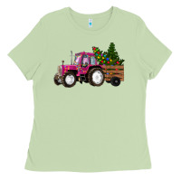 Matcha Pink Christmas Farm Tractor Ladies Tee - RanaPortraitStore