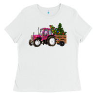White Pink Christmas Farm Tractor Ladies Tee - RanaPortraitStore