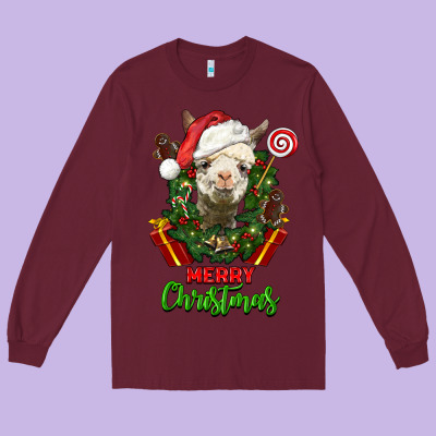 Merry Christmas Alpaca Face Long Sleeve Tee Designed By Lillyallendesigns
