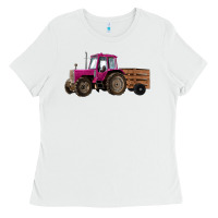 White Pink Farm Tractor Ladies Tee - RanaPortraitStore