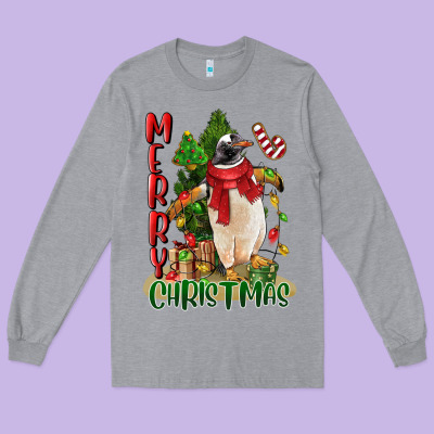 Merry Christmas Penguin Long Sleeve Tee Designed By Lillyallendesigns
