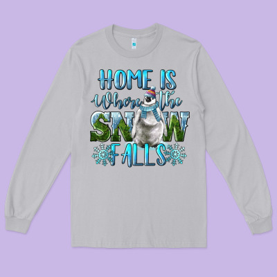 Home Is Where The Snow Falls Winter Penguin Long Sleeve Tee Designed By Lillyallendesigns