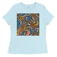 Baby Blue American Flag Horseshoe Deamless Pattern Ladies Tee - BundleAndBundleShop