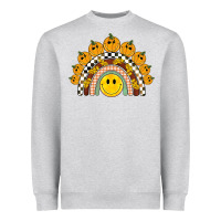 Heather Grey fall smiley face groovy rainbow Heavyweight Sweatshirt - BarkalooDesign