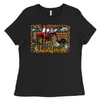 Black Merry Christmas Farm Tractor Ladies Tee - RanaPortraitStore