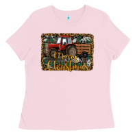 Bubblegum Pink Merry Christmas Farm Tractor Ladies Tee - RanaPortraitStore