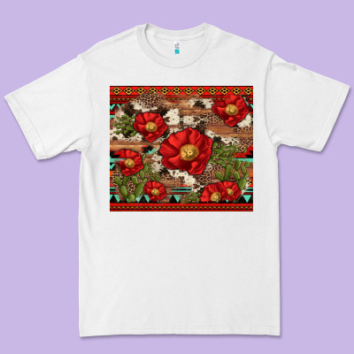 Red Flower And Cactus With Cowhide And Aztec Premium Tee Designed By Artiststas