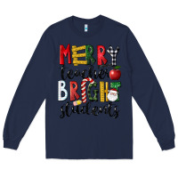 Navy Merry Teacher Bright Students Christmas Long Sleeve Tee - LillyAllenDesigns