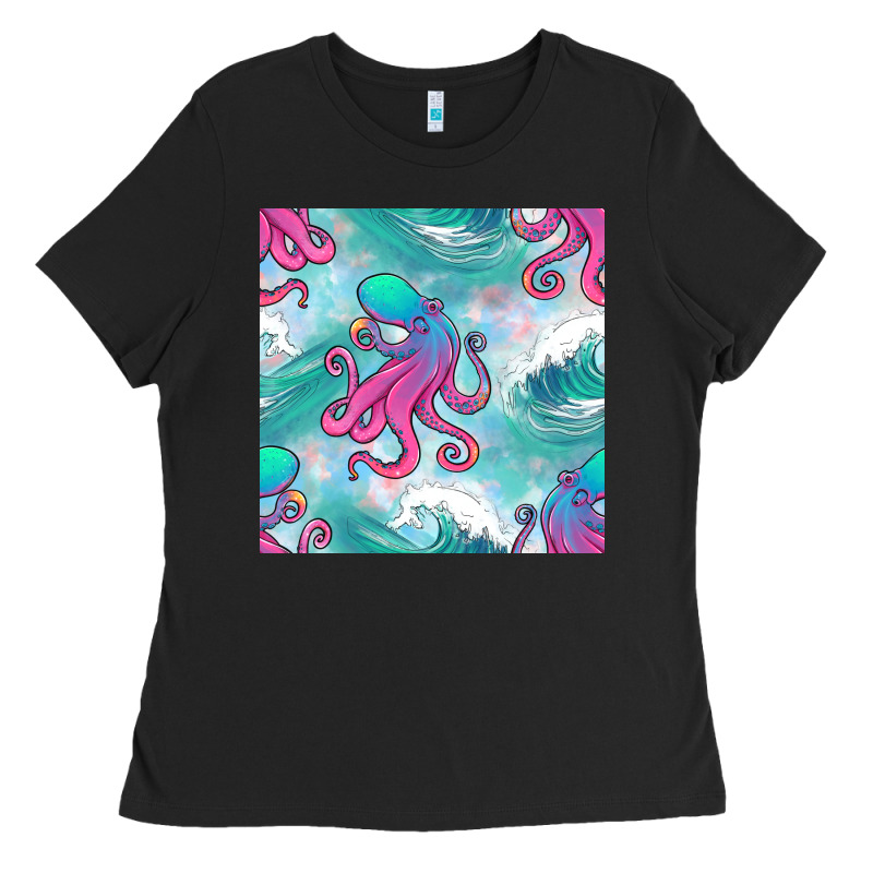 Ocean Waves Octopus Seamless Pattern Ladies Tee by BundleAndBundleShop | Teevron