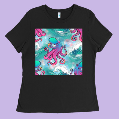 Ocean Waves Octopus Seamless Pattern Ladies Tee Designed By Bundleandbundleshop