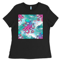 Black ocean waves octopus seamless pattern Ladies Tee - BundleAndBundleShop