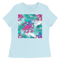 Baby Blue ocean waves octopus seamless pattern Ladies Tee - BundleAndBundleShop