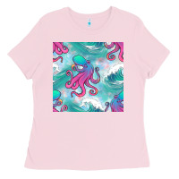 Bubblegum Pink ocean waves octopus seamless pattern Ladies Tee - BundleAndBundleShop
