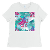 White ocean waves octopus seamless pattern Ladies Tee - BundleAndBundleShop