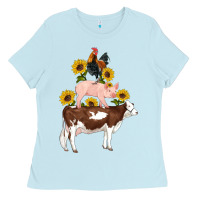 Baby Blue western farm life cow pig rooster with sunflowers Ladies Tee - Artiststas