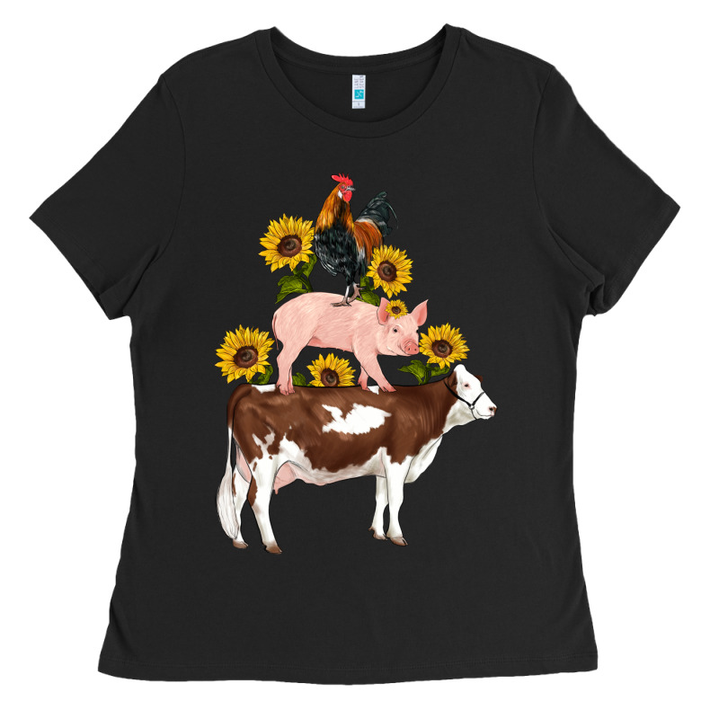 Western Farm Life Cow Pig Rooster With Sunflowers Ladies Tee by Artiststas | Teevron
