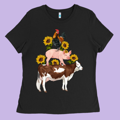 Western Farm Life Cow Pig Rooster With Sunflowers Ladies Tee Designed By Artiststas