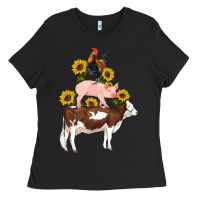Black western farm life cow pig rooster with sunflowers Ladies Tee - Artiststas