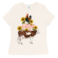 Bone western farm life cow pig rooster with sunflowers Ladies Tee - Artiststas