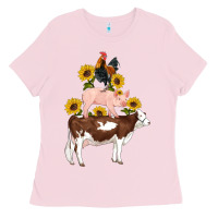 Bubblegum Pink western farm life cow pig rooster with sunflowers Ladies Tee - Artiststas