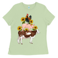 Matcha western farm life cow pig rooster with sunflowers Ladies Tee - Artiststas