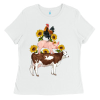 White western farm life cow pig rooster with sunflowers Ladies Tee - Artiststas