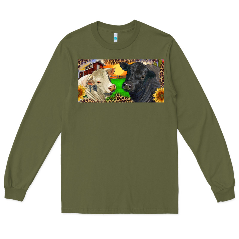Charolais Bull And Black Angus Bull With Farm Long Sleeve Tee by RanaPortraitStore | Teevron