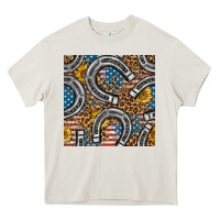 Cream American Flag Horseshoe Deamless Pattern Heavy Core Tee - BundleAndBundleShop