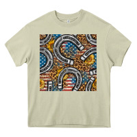 Mossy American Flag Horseshoe Deamless Pattern Heavy Core Tee - BundleAndBundleShop