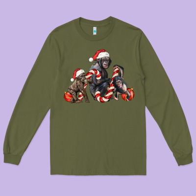 Christmas Chimpanzee And Gorilla Long Sleeve Tee Designed By Lillyallendesigns