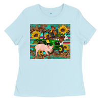 Baby Blue western farm tractor pig rooster cow sunflowers Ladies Tee - Artiststas