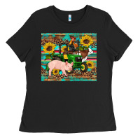 Western Farm Tractor Pig Rooster Cow Sunflowers Ladies Tee | Teevron