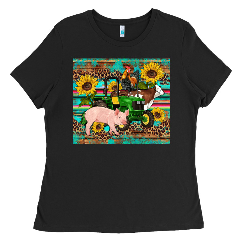 Western Farm Tractor Pig Rooster Cow Sunflowers Ladies Tee by Artiststas | Teevron