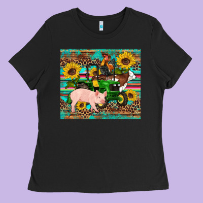 Western Farm Tractor Pig Rooster Cow Sunflowers Ladies Tee Designed By Artiststas