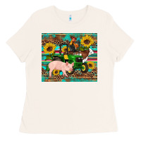 Bone western farm tractor pig rooster cow sunflowers Ladies Tee - Artiststas