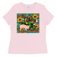Bubblegum Pink western farm tractor pig rooster cow sunflowers Ladies Tee - Artiststas