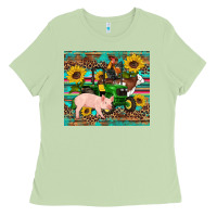 Matcha western farm tractor pig rooster cow sunflowers Ladies Tee - Artiststas