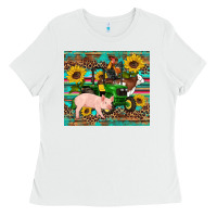White western farm tractor pig rooster cow sunflowers Ladies Tee - Artiststas