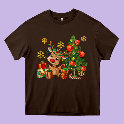 Reindeer And Christmas Tree Heavy Core Tee Designed By Adodesignshop